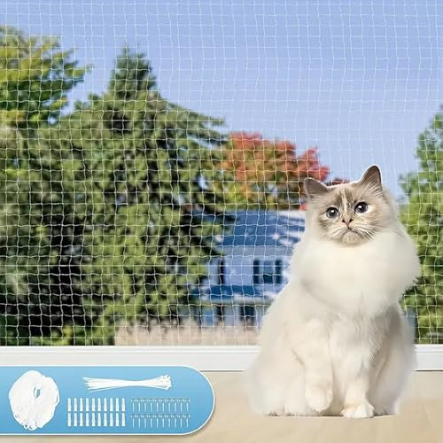 NEWFUN Red para Gatos Terraza, 3X10M Red para Gatos Reforzada, Red de Seguridad para Gatos Robusta, Duradera y Resistente a la Intemperie, con Cuerdas de Sujeción, Pinzas y Bridas para Cables