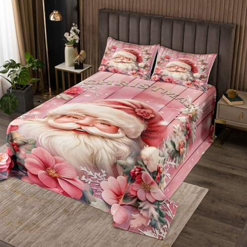 Couvre-lit matelassé 3 pièces pour adultes et adolescents, motif Père Noël, nain de Noël romantique, fleurs et flocons de neige, cadeau de Noël rustique, planche de bois rose ultra douce