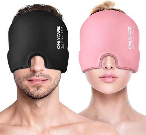 ONLYCARE Migraine Relief Cap, Upgraded Odorless Headache Relief Cap, 360° Gel Surround Ice Pack Mask for Migraine, Sinus, Stress, Frontal Headaches (2 PCS)