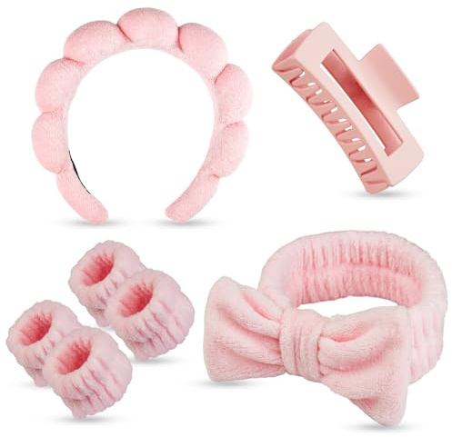 Yaqulen Ensemble spa 7 pièces, bandeau pour le visage, bandeau spa et bracelet, bandeau de soins de la peau, cadeau pour fille, accessoires de cheveux pour femmes et filles (rose)