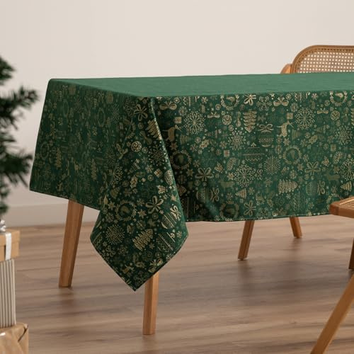 GAMUSI Tischdecke für Weihnachten, Jacquard, Goldgarn, Esstisch, quadratisch, Weihnachtsdekoration, 140 x 350 cm, Grün