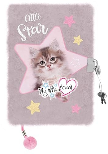 Goldkids - Tagebuch Mädchen mit Schloss Flauschig Plüsch - Notizbuch A5 - Kinder-Tagebuch - 96 Blätter (Graue Kätzchen)