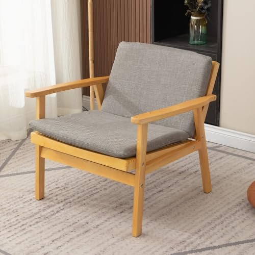 Panana PE Rattan Look Wooden Armchair, Tub Chair, Rubberwood Legs for Living Rooms, Bedrooms, Lounges, Sunrooms (Natural with armrest, with light grey seat pad and back)