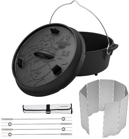 FEUERGOTT - Dutch Oven Set 3,5L mit Füßen - Gusseisentopf, Grillspieße, Windschutz - Perfekt für BBQ, Camping, Outdoor-Kochen - Feuertopf Zubehör, Schmortopf Gusseisen