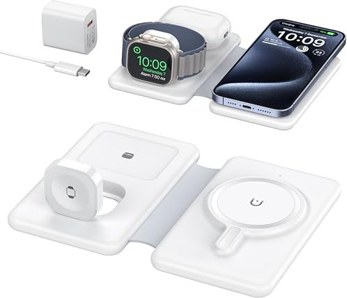 EXW Chargeur à Induction, Mag-Safe Station de Charge Portable Pliable, Chargeur sans Fil 3-en-1 pour iPhone 16 15 14 13 12, pour iWatch Ultra/10/9/8/7/6/SE/5/4/3, pour AirPods Pro/2/3/4 (Blanc)