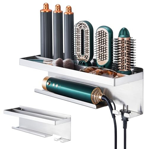 Porta Ferro Arricciacapelli a Parete, Supporto Phon da Parete per asciugacapelli & Styler - supporto per asciugacapelli per Piastra, Bigodini, Spazzola ad Aria e Accessori - Acciaio Inossidabile
