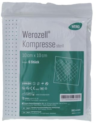 Werozell® Kompresse, steril | Verklebt nicht mit der Wunde | Extra saugstark | Beidseitig verwendbar | beschichtete Vlieskompresse | Sekret- und luftdurchlässig (6 Stück, 6, stück)