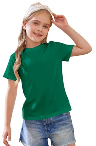 Camiseta de algodón de manga corta para niñas, camiseta básica de cuello redondo liso para niños, camisetas atléticas preppy de escuela para niños, camiseta informal, blusa ligera y suave, verde, 3-4