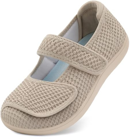 JOINFREE Womens Walking Shoes Mary Jane Wide Fit Casual Trainers Barefoot Adjustable-Strap Zero-Drop Non-Slip Comfort Shoes for Swollen Feet, Oedema, Arthritis, Elderly & Pregancy Khaki 6 UK
