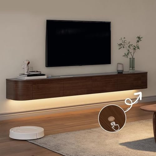 Mobile TV LED sospeso, mobiletto Porta TV a Parete con Ante angolari e cassetto, Elegante Design in Legno di caucciù per Soggiorno - 220 cm/86,6 Pollici