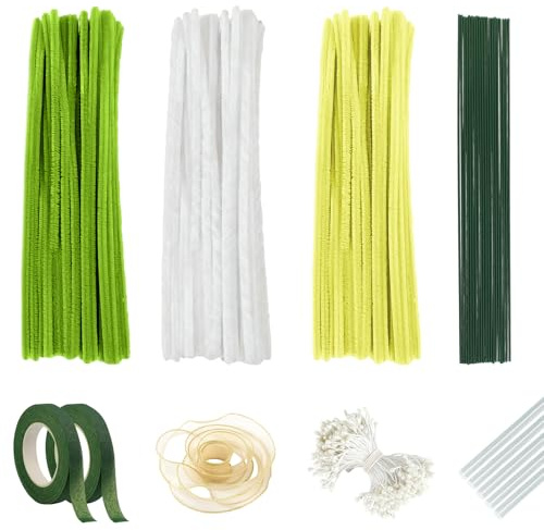 Fairblo 300 Stück Pfeifenreiniger Blumen Set Grüne Serie in 3 Farben Pfeifenputzer zum Basteln Blumen Set Pfeifenreiniger Gelb Pipe Cleaner mit Grüne Blumendraht für DIY Blumenstrauß Gänseblümchen