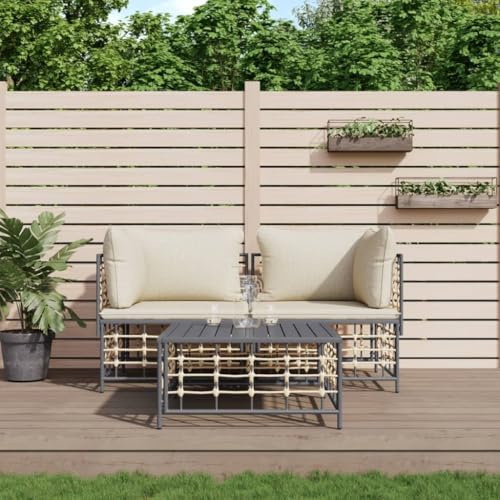 QZZCED 3-TLG. Garten-Lounge-Set mit Kissen Anthrazit Poly Rattan Outdoor Sofa Set Terrassensofa Set für Gärten