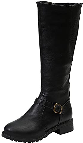 Bottes hautes Louchy pour femme - Bottes plates à mollet large - Chaussures d'hiver à talon bas - Bottes longues à enfiler avec fermeture extra large au mollet et fermeture éclair latérale, Noir