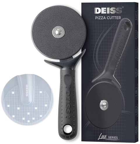Deiss Lux Heavy Duty Pizza Cutter with Wheel Slicer- Stainless Steel Sharp Smooth Pizza Cutter Wheel with Easy Grip Non-Slip Handle, Dishwasher Safe (Black)