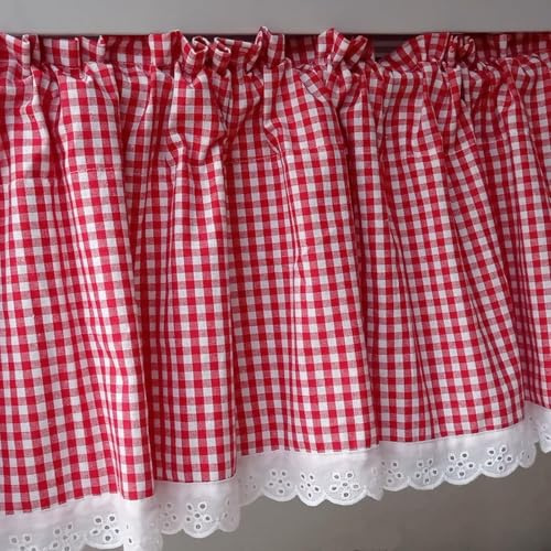 Fasheepfa Gardine mit weißem Spitzenbesatz, kariert, Baumwolle, Gingham-Volant, für Küche und Café, Rot, B 149,9 x L 40,6 cm (1 Stoffbahn)
