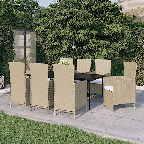 QJBSAVVA 9-Teiliges Gartenmöbel Set 200x100 cm Esstisch mit 8 verstellbaren Stühlen & Auflagen Beige Schwarz Modernes Lounge Set für Outdoor Terrasse Balkon Camping