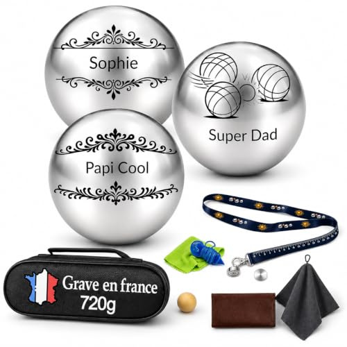 Custamix Boule de Pétanque Personnalisée 720g - Triplette avec Accessoires (Cochonnet, Sacoche, Mesureur) - Idée Cadeau pour Fête des Pères et Mères, Retraite, Anniversaire