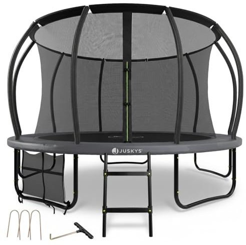 Juskys Trampolin SkyBounce L Ø 366 cm – Outdoor Gartentrampolin mit Sicherheitsnetz und Leiter, PowerSpring Sprungfedern, gepolsterte Randabdeckung, bis 150 kg