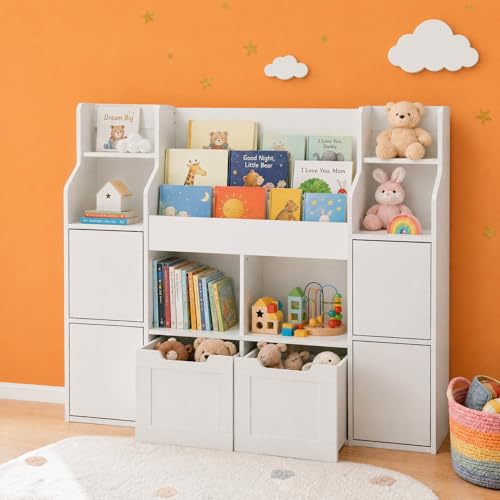 Songvas Mobile Porta Giochi, Libreria Montessoriana per Bambini a 6 Scomparti Aperti e 4 Ante, Mobile Giochi a 2 Cassetti su Ruote, per Cameretta e Stanza dei Giochi, 122x30x100cm Bianco