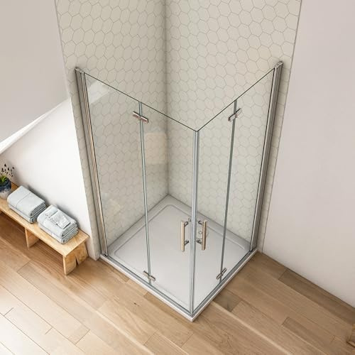 Aica Sanitär Duschkabine 110x90 cm Falttür 180° Eckeinstieg Duschwand Duschabtrennung Falttür 6mm Nano ESG Glas Dusche Höhe 195 cm Hochglanz Verchromt