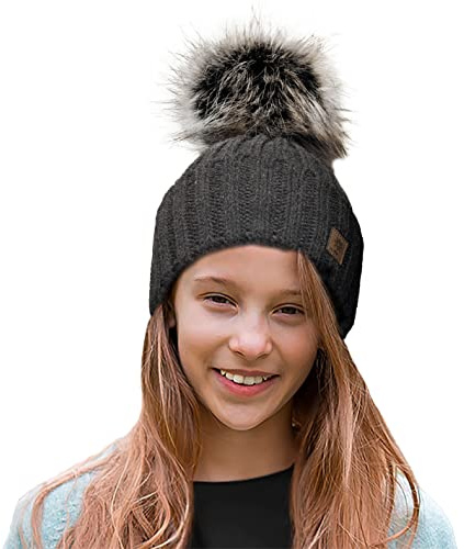 4sold Kinder Mütze Kleinkind Beanie Bobble Hat Baumwollfutter Kunstpelz Ball Pom Pom Cap Unisex Mädchen & Jungen Kinder Winter Strickmütze Bommelmütze Wurm