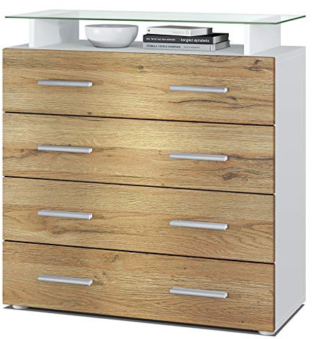 Vladon Sideboard Pavos V2, Kommode mit 4 Schubladen und Glasablage, Weiß matt/Eiche Natur (76 x 81 x 35 cm)