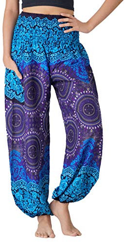 B BANGKOK PANTS Bangkokpants Damen Boho Hosen Hippie-Kleidung Yoga Outfits Peacock Design passt Bohorose Blau Medium