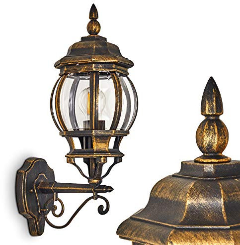 Außenwandleuchte Lentua, Wandlampe aufwärts in antikem Look, Aluguß in Braun/Gold m. Kunststoff-Scheiben, Wandleuchte, E27-Fassung, Vintage Außenleuchte für Terrasse, Veranda u. Hof, ohne Leuchtmittel