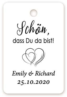 50x PERSONALISIERT Doppelherz Hochzeit Gastgeschenk Anhänger - Schön, dass Du da bist! Geschenkanhänger,40mmx60mm Hochzeit Party Danke Anhängeetiketten für Tischdeko,Tüten,Danksagungen - Tag 031
