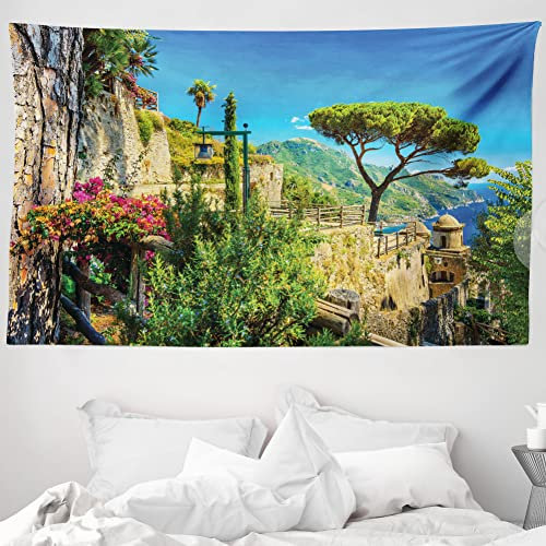 ABAKUHAUS Landschaft Wandteppich und Tagesdecke, Dorf Bäume Blüten aus Weiches Mikrofaser Stoff Waschbar ohne Verblassen Digitaldruck, 230 x 140 cm, Himmelblau Grün