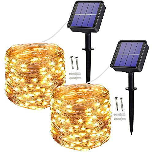 Augone [2 Pack Solar String Lights, 100 LED 10M/32Ft 8 Modes Solar Fairy Lights Waterproof Outdoor/Indoor Garden Lights Copper Wire Lighting for Wedding, Patio, Yard, Festoon, Christmas (Warm White)
