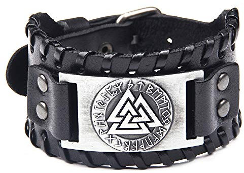 Juland Herren Retro Breites Metall Schwarz Herren Lederarmband Punk Style Lederarmband Viking Totem Armbänder Breiter Gürtel Manschette Armreif Rock Wrap für Männer Junge Einstellbar - Schwarz