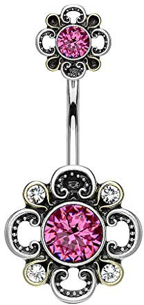 Taffstyle Bauchnabelpiercing Stab Piercing Banane Bauch Bauchnabel Stecker Doppelte Kugel Vintage Blumen mit Glitzer Kristall Silber Rosa