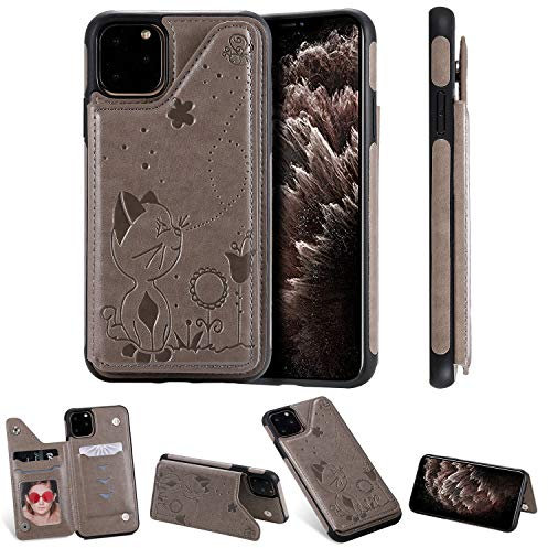 nancencen Kompatibel mit iPhone 11 Pro Max (6.5 Zoll) Handyhülle, (Karten Slot) Flip Cover TPU Schutzhülle (Anti-Fall) für iPhone 11 Pro Max (6.5 Zoll) -Katze und Schmetterling -Grau