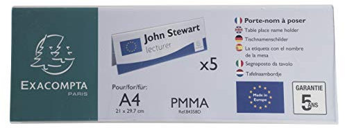 Exacompta - Réf. 84358D - 1 Lot de 5 porte-noms (A4 plié) horizontal Office - Dimensions 300 x 105 mm - PMMA (acrylique) pour salle de conférence, réception - Couleur Cristal