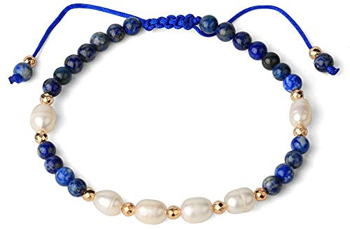 YONGHONGKEJI Edelstein Armbänderdamen Natürliche Lapislazuli Edelsteinperlen Weiße Perle Freundschaft Geflochtenes Armband Verstellbarer Armreif Schickes Schmuckgeschenk Für Frauen Mädchen