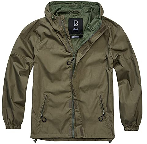 Brandit Summer Windbreaker Rain Jacket Anorak Track Jacket Size S to 5XL, Front zip Ripstop olive, M