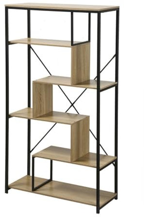 Casâme Étagère Moderne - Multi-Compartiments - Style Industriel - Décor Chêne et Noir - Panneaux de Bois et métal Noir - Meuble de Rangement - pour Salon - 84 x 34 x H160 cm