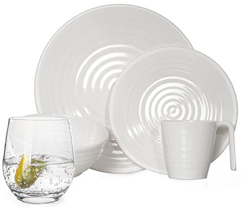 Vaisselle de camping en mélamine pour 4 personnes Crème 16 pièces + verres Tiamo