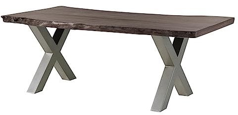 MASSIVMOEBEL24.DE Baumtisch Akazie Freeform 5 - Verschiedene Größen, Gestelle und Farben, Farbe:grau lackiert, Größe:180x90 cm, Gestell:X-Beine Silber matt