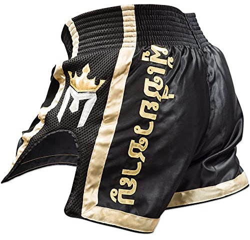 Meister Elite Muay Thai-Shorts, voll elastischer Bund mit Netzstoff, schwarz / goldfarben, 36-37