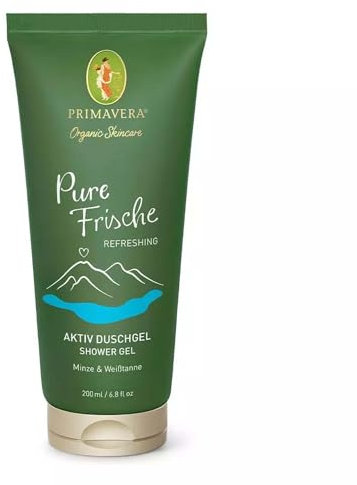 PRIMAVERA Pure Frische Aktiv Duschgel 6 x 200 ml - Duschgel, Naturkosmetik – Minze, Weißtanne Duft - reinigt schäumend, pflegt die Haut, bewahrt die natürliche Feuchtigkeit – vegan