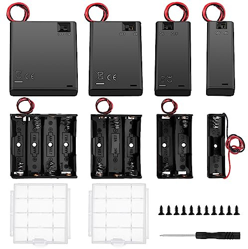 8 PCS AA Battery Holder Bundle Sets, KUOQIY 1/2/3/4 x 1.5V AA Battery Storage Box with ON/Off Switch & Wire Leads & Cover, with 2 PCS Plastic Battery Storage Box & Screwdriver & Screws