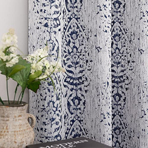Indigo Blue Curtains 96 Inches Long for Dining Room Boho Distressed Damask Floral Patterned 50% Light Blocking Blackout Printed Curtains for Living Room Sliding Patio Door 96 Inch Length 2 Panel Set