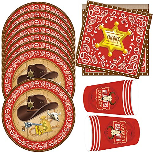 HGSHUO Cowboy Partygeschirr Kindergeburtstag Deko Western Cowgirl Geburtstag Party Geschirr Becher Pappteller Servietten Partygeschirr Geburtstagsparty Babyparty Tischdeko Set