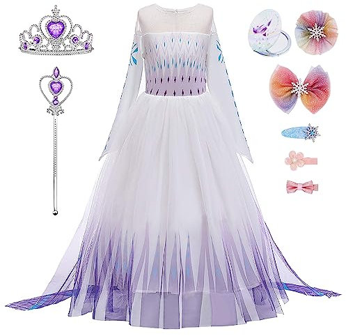 New front Fille Robe Princesse Elsa Déguisement Reine des Neiges Accessoires Baguette Magique Couronne Miroir Barrettes Clips Cosutme Enfant Cadeau Noël Anniversaire Carnaval,Rose,130