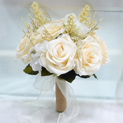 LESING Bouquet da sposa con rose artificiali, realizzato a mano, romantico, bouquet da sposa per damigella d'onore con fiori (bouquet, rosa bianco)