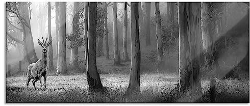 Pixxprint Glasbild Panorama, Wandbild aus Echtglas, Hirsch im Wald, 120x50 cm, inkl. Aufhängung und Abstandshalter