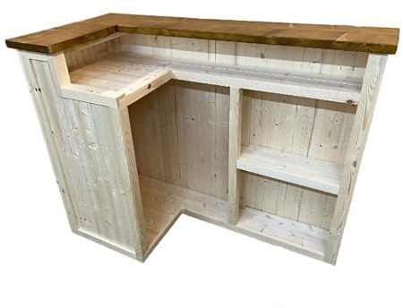 Fridge Adapted L Shaped Bar - Wooden Indoor & Outdoor Gin & Cocktail Bar - Man Cave Version 3 (Unfinished, 140cm x 80cm x 102cm, Left)