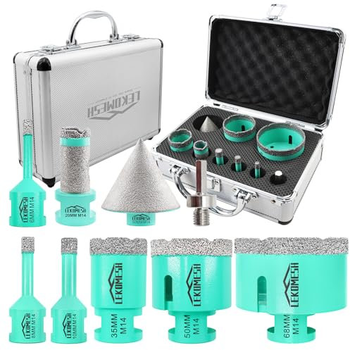 LEKOMESH Diamant Bohrkrone Kit - 9 Stück (6/8/10/35/50/68mm+20mm Bohren Fräsen+50mm Diamant Fasenfräser+Adapter) Diamant Lochsäge Für Porzellan Keramik Fliesen Marmor, Mintgrün